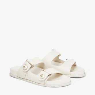 Fayence Sandal Latte – Flache Sandalen aus Leder mit Perlenverzierung