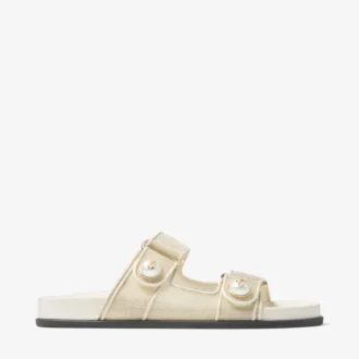 Fayence Sandal Sandalen aus champagnerfarbenem Metallic-Lackleder mit Perlen