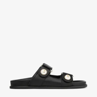 Fayence Sandale Flache Sandalen aus schwarzem Leder mit Perlenverzierung