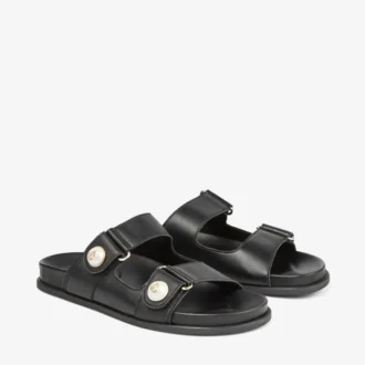 Fayence Sandale Flache Sandalen aus schwarzem Leder mit Perlenverzierung
