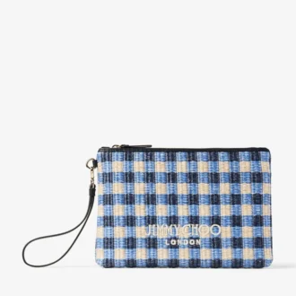 Flache Tasche mit Reißverschluss Raffia-Tasche mit Reißverschluss in Marine-Mix und Ecru-Gingham