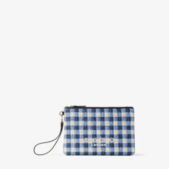 Flache Tasche mit Reißverschluss Raffia-Tasche mit Reißverschluss in Marine-Mix und Ecru-Gingham