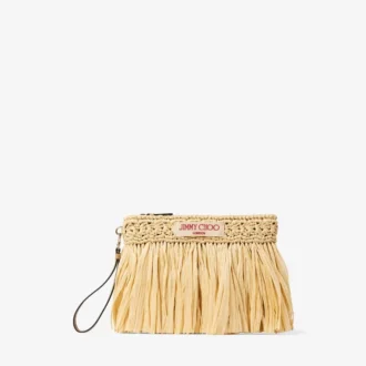 Flache Tasche mit Reißverschluss Tasche aus naturfarbenem und hellgoldenem gewebtem Raffia mit Reißverschluss und Fransen