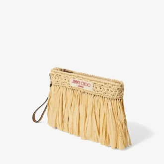 Flache Tasche mit Reißverschluss Tasche aus naturfarbenem und hellgoldenem gewebtem Raffia mit Reißverschluss und Fransen