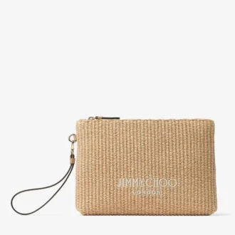 Flache Tasche mit Reißverschluss Tasche mit Reißverschluss aus naturfarbener und lattefarbener Raffia