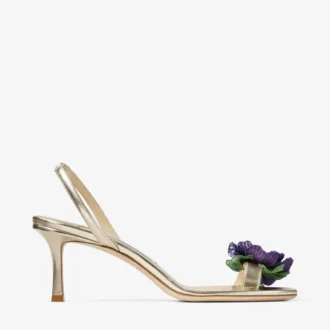 Flower Sandale aus metallischem Nappaleder mit Blumen-Corsage