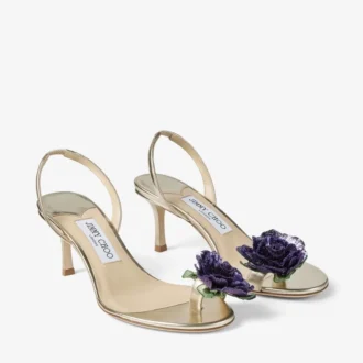 Flower Sandale aus metallischem Nappaleder mit Blumen-Corsage