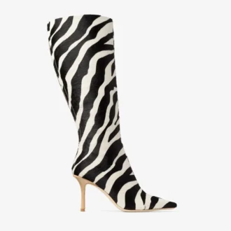 Gloria Kniestiefel 85 Kniestiefel aus naturfarbenem Ponyleder mit Zebradruck