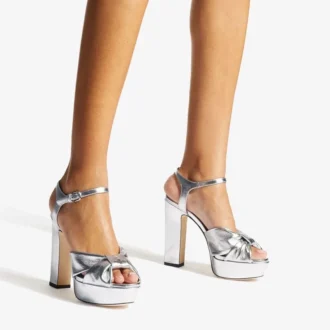 Heloise 120 Plateau-Sandalen aus silbernem Metallic-Nappaleder