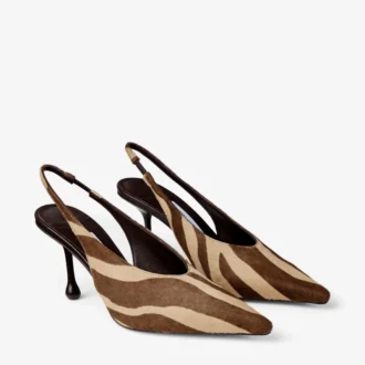 Isa 80 Pumps aus Ponyfell mit Zebra-Print in Schokoladenbraun