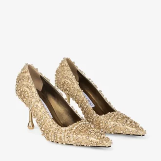 Ixia 80 Pumps aus goldfarbenem Metallic-Nappaleder mit Kristallstickerei