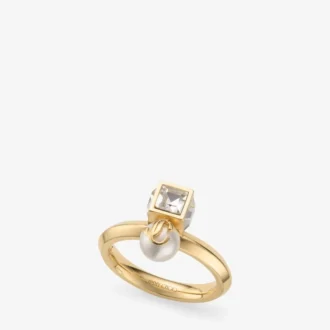 JC Pearl Cube Ring – Goldfarbener Metallring mit Perle und Kristallwürfel