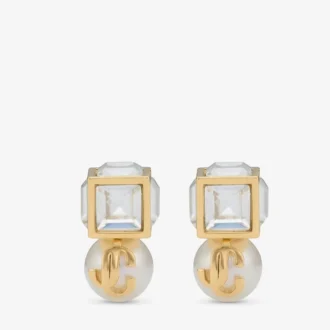 Jc Pearl Cube Studs – Goldfarbene Metallohrringe mit Perle und Kristallwürfel