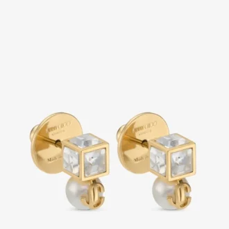 Jc Pearl Cube Studs – Goldfarbene Metallohrringe mit Perle und Kristallwürfel