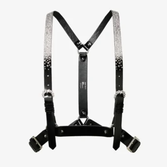 Jimmy Choo Noir Kei Ninomiya Crystals Harness – Schwarzer, glänzender Leder-Harness mit Kristall-Hotfix-Verzierung