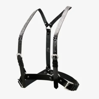 Jimmy Choo Noir Kei Ninomiya Crystals Harness – Schwarzer, glänzender Leder-Harness mit Kristall-Hotfix-Verzierung