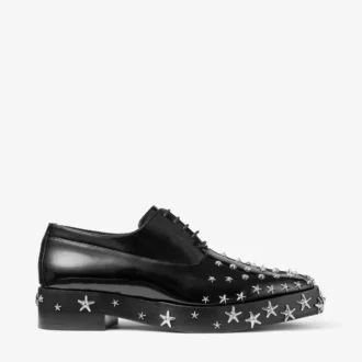 Jimmy Choo Noir Kei Ninomiya Star Schuh – Schwarze Schnürschuhe aus poliertem Kalbsleder mit Sternverzierung