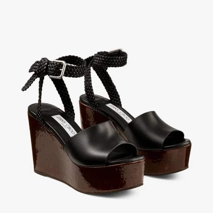 Jori 100 Schwarze Keilabsatzschuhe aus glänzendem Kalbsleder und glänzendem Kork