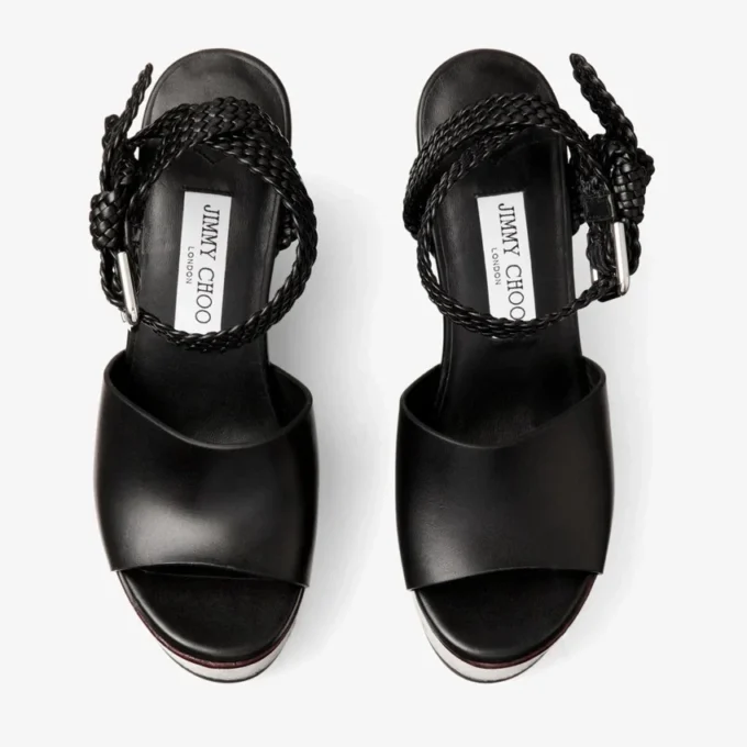 Jori 100 Schwarze Keilabsatzschuhe aus glänzendem Kalbsleder und glänzendem Kork