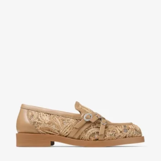 Kalia Loafer – Loafer aus naturfarbenem, mit Blumenmustern gewebtem Raffia und Kalbsleder