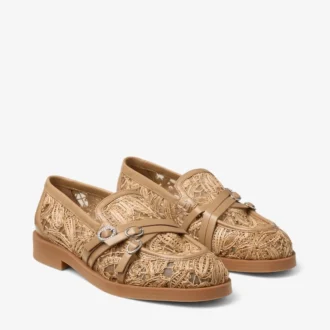 Kalia Loafer – Loafer aus naturfarbenem, mit Blumenmustern gewebtem Raffia und Kalbsleder