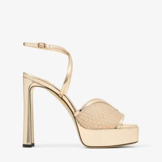 Karli Plateau 125 Gold Illusion-Kristall-Mesh und Liquid-Metal-Leder-Sandalen