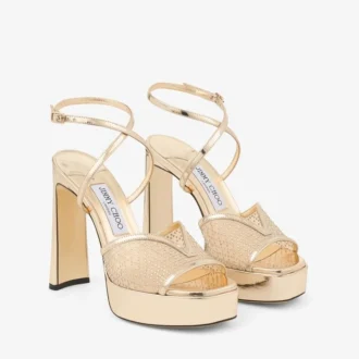 Karli Plateau 125 Gold Illusion-Kristall-Mesh und Liquid-Metal-Leder-Sandalen
