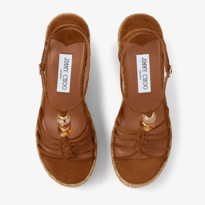 Lemi Wedge 100 Tan Mix Wildleder-Keilsandalen mit Perlen