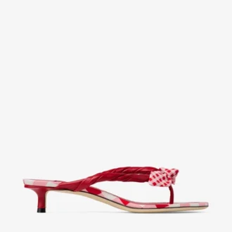 Liss 35 Ruby Red Mix Mule-Sandalen aus gemusterter Baumwolle mit Gingham-Schleife