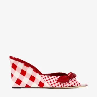 Livi Wedge 85 Rubinrote Mule-Keilsandaletten aus gemusterter Baumwolle mit Gingham-Schleife