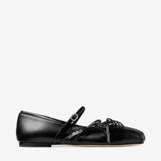 Loli Ballerina – Schwarze Ballerinas aus glänzendem Nappaleder mit Schleifen aus weichem Handschuhleder