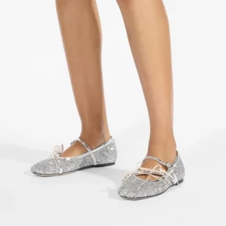 Loli Ballerina Silber und Macaron Puder-Glitzer-Stoff-Ballerinas mit Satin-Schleifen