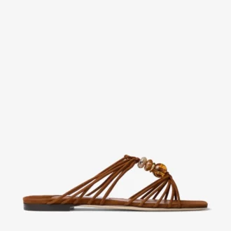 Lova Mule Flat Flache Schuhe aus hellbraunem Wildleder mit Perlen