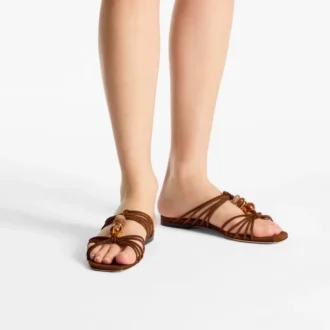 Lova Mule Flat Flache Schuhe aus hellbraunem Wildleder mit Perlen