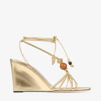 Lova Wedge 85 Keilabsatzsandalen aus goldmetallischem Nappaleder mit Perlen