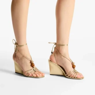 Lova Wedge 85 Keilabsatzsandalen aus goldmetallischem Nappaleder mit Perlen