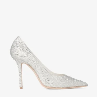 Love 100 Pumps aus elfenbeinfarbenem Satin mit Kristallverzierung