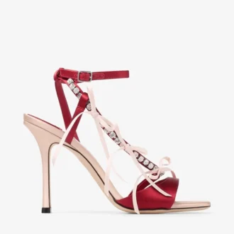 Lula 100 Sandalen aus Macaron- und Rubinrotem Satin mit Schleifen