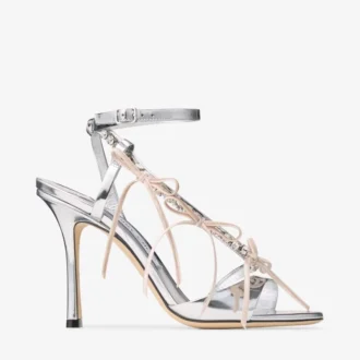 Lula 100 Silber- und Macaron-Sandalen aus Liquid-Metal-Leder mit Samtschleifen