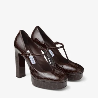 Marene  Mary Jane 120 Sambuco Pumps aus glänzendem Leder mit Krokodilprägung