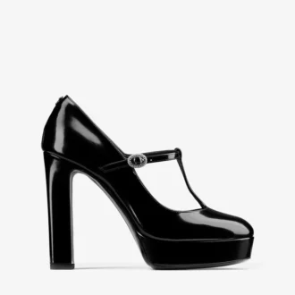 Marene Mary Jane 120 – Schwarze Pumps aus poliertem Kalbsleder mit Kristallschnalle
