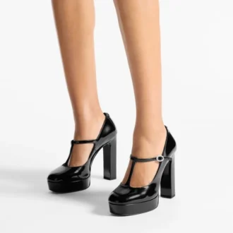 Marene Mary Jane 120 – Schwarze Pumps aus poliertem Kalbsleder mit Kristallschnalle