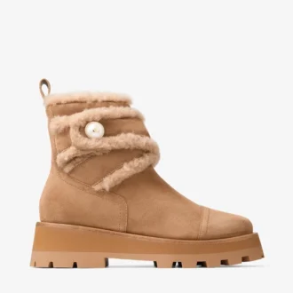 Meena flache Stiefeletten aus toffeefarbenem Veloursleder mit Lammfell