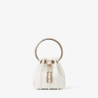 Micro Bon Bon Mini-Tasche aus elfenbeinfarbenem Satin mit durchgehender Perlenverzierung