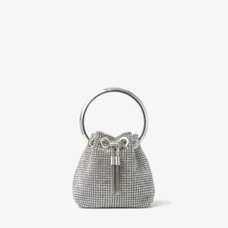 Micro Bon Bon-Tasche aus silbernem Kristall-Netzgewebe mit Metallgriff