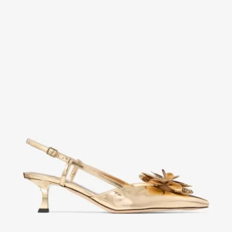 Mimmi  Slingback 50 Goldfarbene Slingbacks aus Liquid-Metal-Leder mit perforiertem jimmy choo-Corsage