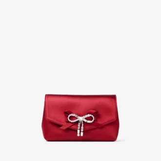 Mini-Tasche mit weicher Schleife in Rubinrot Mini-Tasche aus Satin mit Kristallschleife
