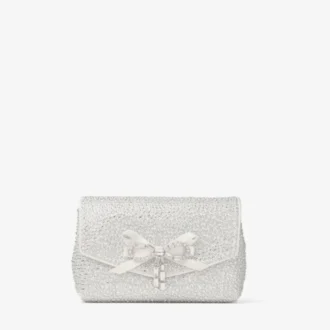Mini-Tasche mit weicher Schleife Mini-Tasche aus elfenbeinfarbenem Satin mit Kristallschleife