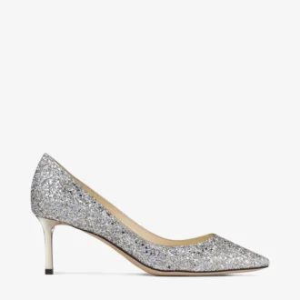 Romy 60 Pumps aus champagnerfarbenem Stoff mit grobem Glitzer und spitzer Zehenpartie