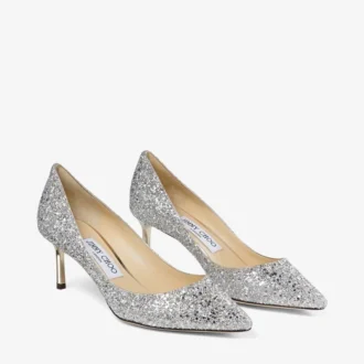 Romy 60 Pumps aus champagnerfarbenem Stoff mit grobem Glitzer und spitzer Zehenpartie